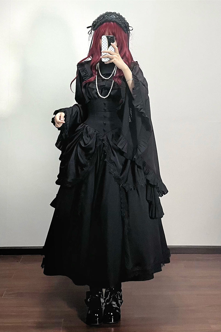 Black [Sleepwalking] Long Hime Sleeves Stitching Lace Plus Size Gothic Elegant Lolita Skirt Set - Product - 5