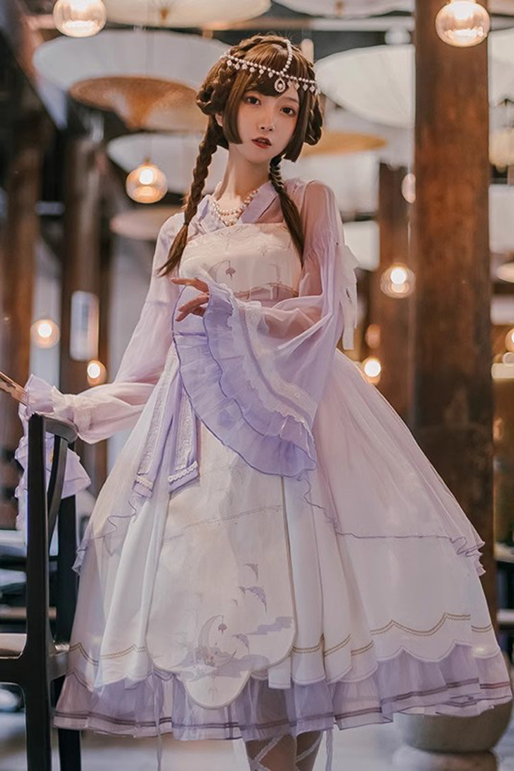 [Night and the Oriole] Print Ruffle Bowknot Lace Sweet Chinese Style Lolita Jsk Dress 2 Colors - Purple - 5