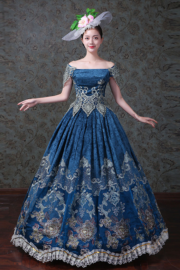 Blue Boat Neck Off-The-Shoulder High Waisted Embroidery Floral Print Victorian Lolita Prom Dress - Product - 3