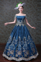 Blue Boat Neck Off-The-Shoulder High Waisted Embroidery Floral Print Victorian Lolita Prom Dress - Product - 3