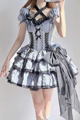 Black/Blue Medea Kiss Short Sleeves Gothic Lolita Op Tiered Dress - Black/Blue - 1