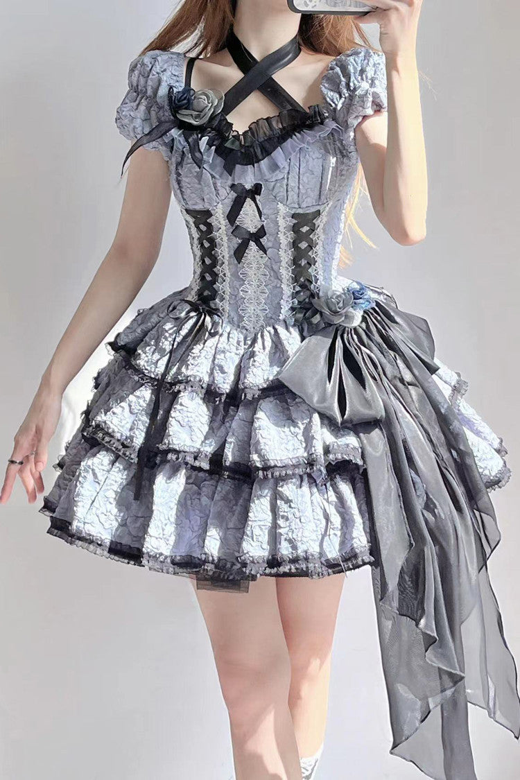 Black/Blue Medea Kiss Short Sleeves Gothic Lolita Op Tiered Dress - Black/Blue - 1