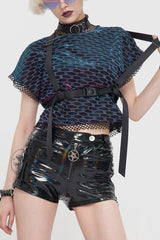 Multi-Color Punk Mesh Fabric Adjustable Strap Collar Round Neck Short Sleeve Women's T-Shirt - Multi-Color - 1