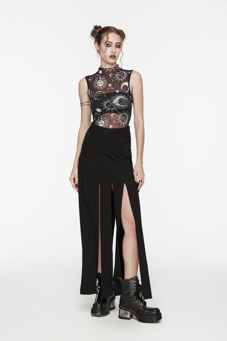 Black Sleeveless Printed Mesh Eyelet Women's Gothic Top - Product - 9