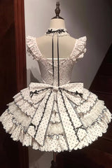 Beige Sleeveless Multi-Layered Polka Dots Printed Ruffled Bow Sweet Princess Lolita Jsk Dress - Product - 11