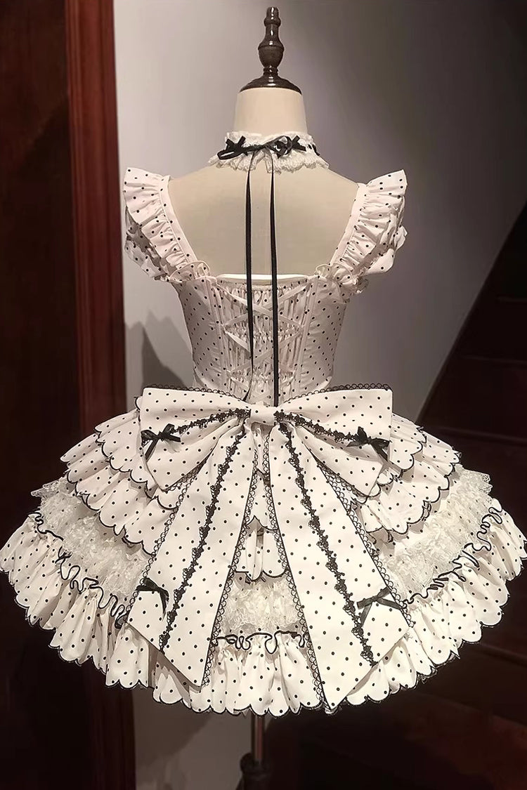Beige Sleeveless Multi-Layered Polka Dots Printed Ruffled Bow Sweet Princess Lolita Jsk Dress - Product - 11