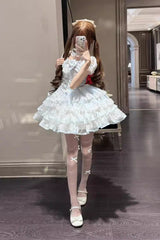 White/Blue [Ice Dance] Halterneck Multi-Layered Bowknot Lace Sweet Ballet Lolita Dress - Product - 4