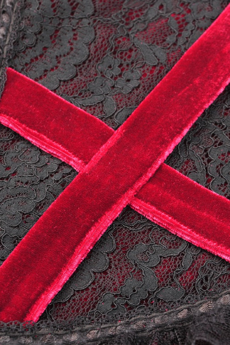 Red Vintage Long Sleeves Lace Collar Cross Women's Gothic Velet Dress - Product - 12