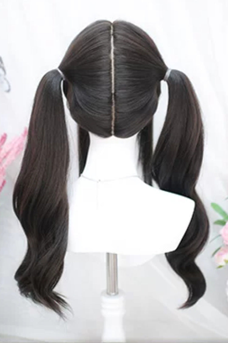 Black Tea Brown Sweet Lolita Long Curly Twin Tail Wig with Straight Bangs - Product - 3