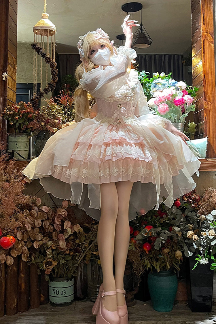 [Tears of Rose] Sleeveless Multi-Layered Ruffle Cardigan Bowknot Lace Sweet Ballet Lolita Jsk Dress 2 Colors - Product - 5