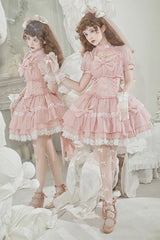 Pink Cross Round Collar Lace Short Sleeves Waist Ruffled Butterfly Sweet Lolita Dress - Product - 2