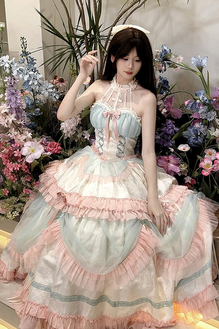 Multi-Color Mermaid Halterneck Ruffle Bowknot Lace Lace-Up Sweet Lolita Dress - Multi-Color - 1
