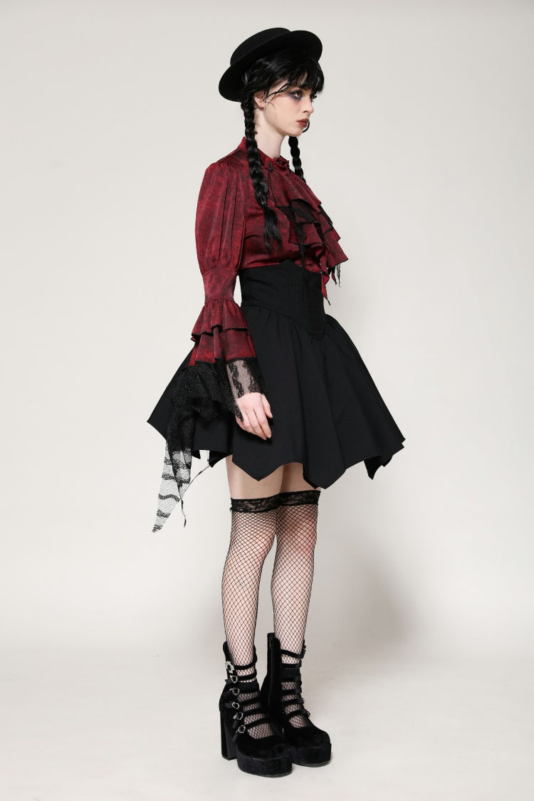 Red Multi-Layered Frilly Lace Long Hime Sleeves Lace-Up Women's Gothic Blouse - Product - 2