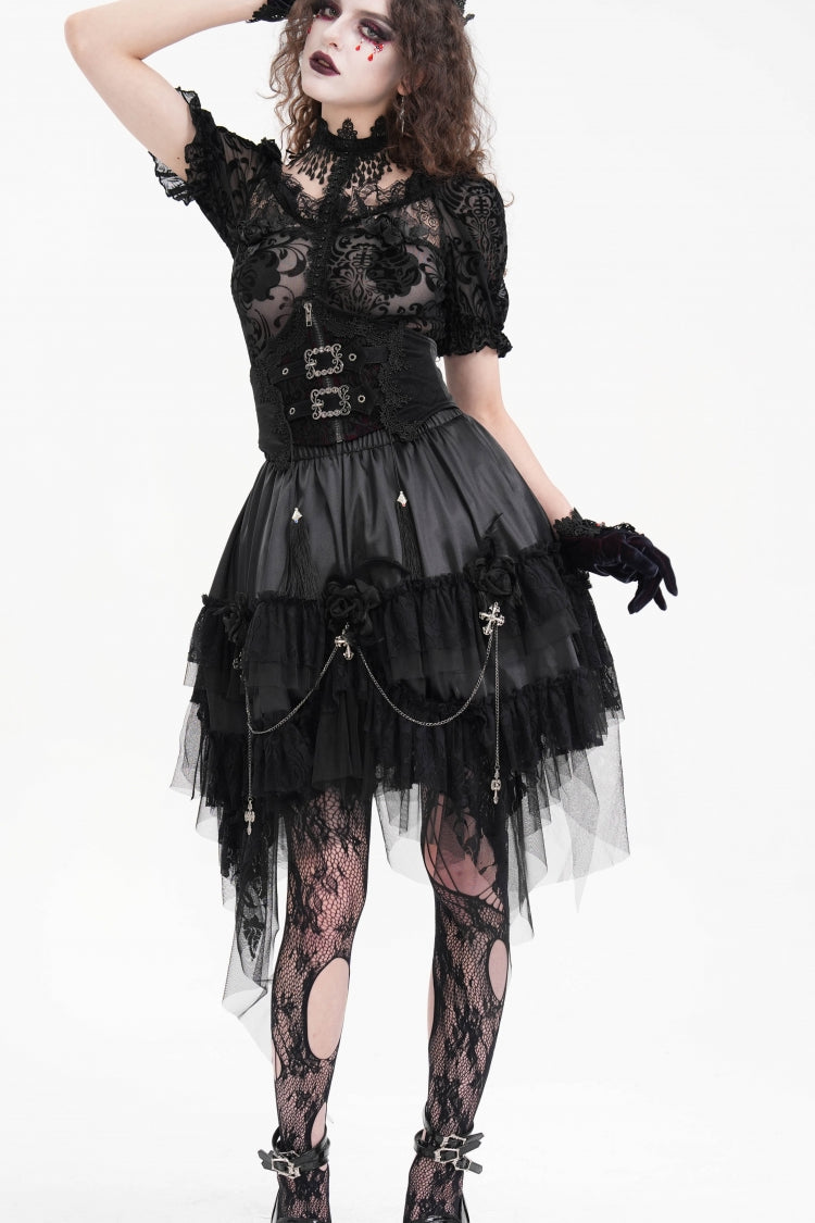 Black Cross Chain Ruffle Lace Irregular Hem Women's Gothic Skirt - Product - 7