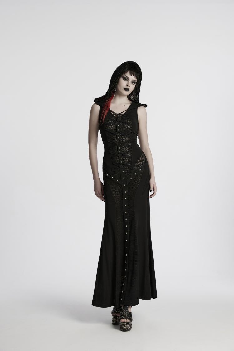 Black Off Shoulder Sleeveless Spliced Lace-Up Slim Mesh Studded Eyelet Women's Punk Dress - Product - 5