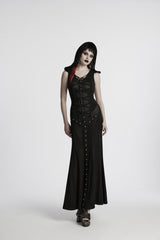 Black Off Shoulder Sleeveless Spliced Lace-Up Slim Mesh Studded Eyelet Women's Punk Dress - Product - 5