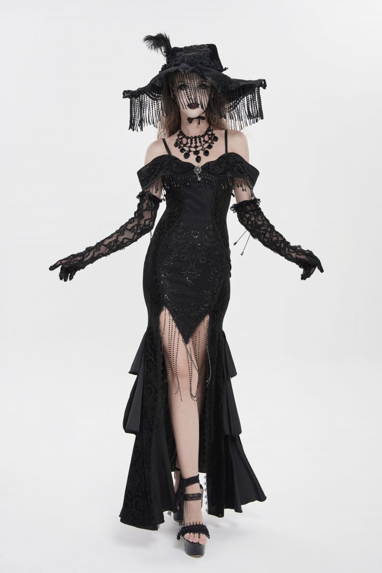 Black Off Shoulder Sleeveless Embroidered Lace Slim Women's Gothic Gorgeous Strapless Dress - Black - 1