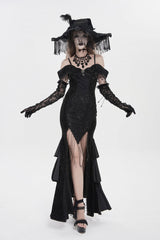 Black Off Shoulder Sleeveless Embroidered Lace Slim Women's Gothic Gorgeous Strapless Dress - Black - 1