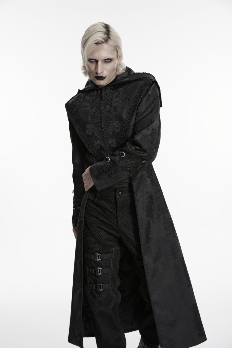 Black Long Sleeves Jacquard Embroidered Spliced Lace Hooded Color-Blocked Men's Punk Cool Coat - Product - 7