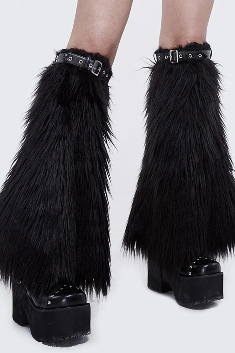 Black Leather Decorated Adjustable Women's Gothic Wool Leg Warmer Accessory - Black - 1
