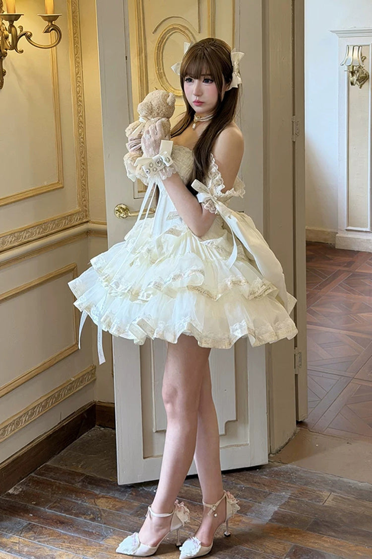 Apricot [Princess Ribbon] Off Shoulder Triple-Layered Ruffle Bowknot Sweet Lolita Dress - Product - 6