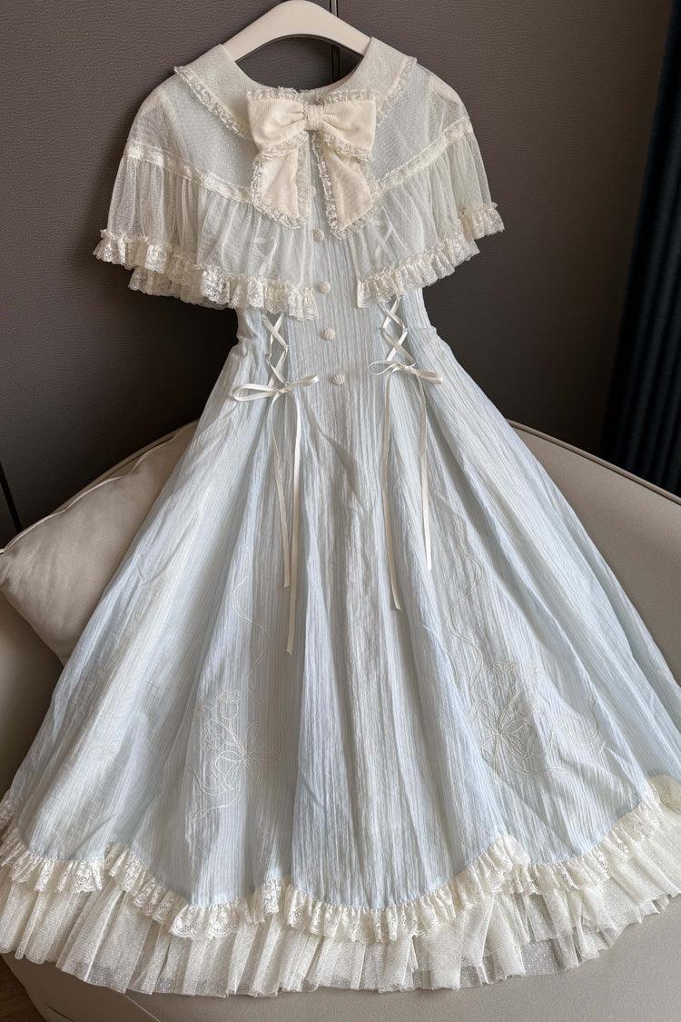 Light Blue [Wind Chime] Ruffled Embroidered Bow Lace Lace-Up Sweet Lolita Dress - Product - 6
