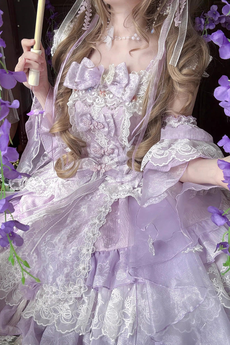 Purple Spring Waters Reflecting Pear Blossoms Ruffled Embroidered Open-Front Bow Lace Sweet (Dress Only) detail view 5