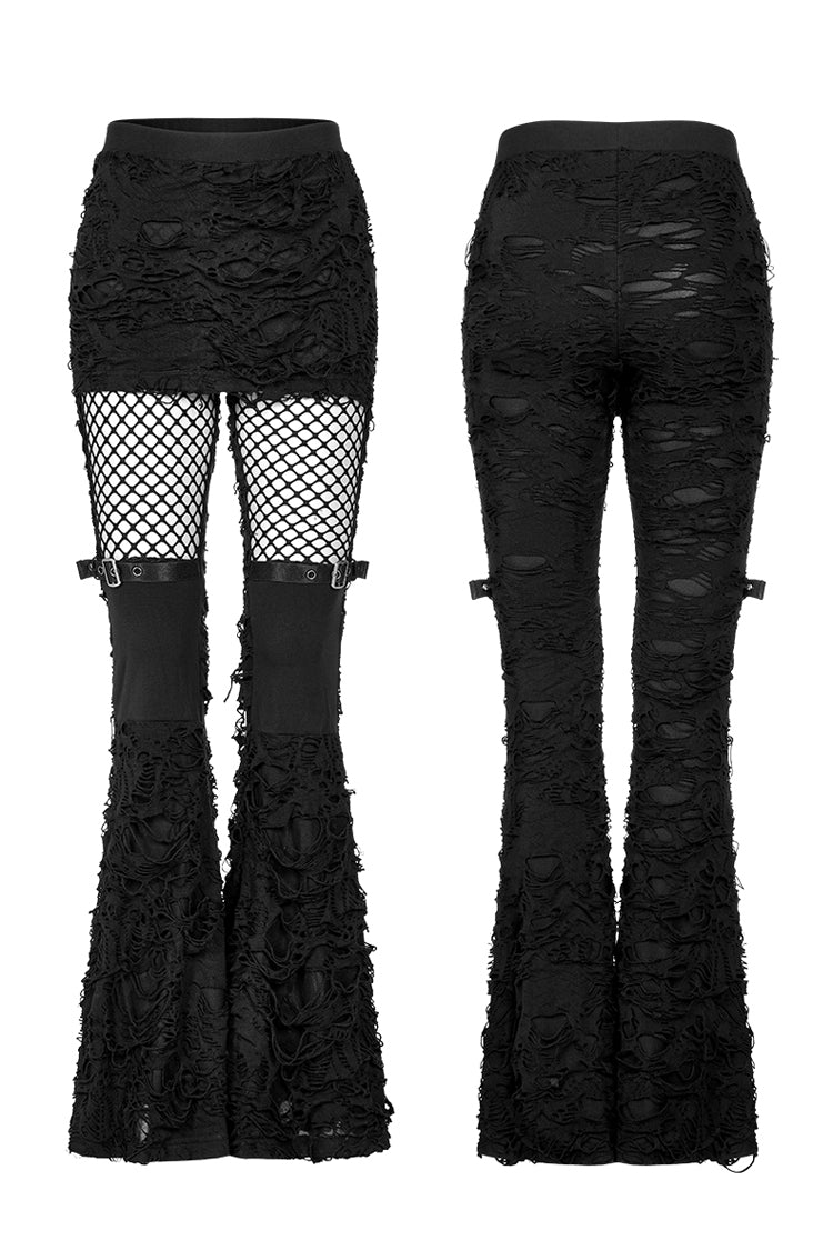 Black Stitching Mesh Ripped Women's Punk Flared Pants - Product - 5