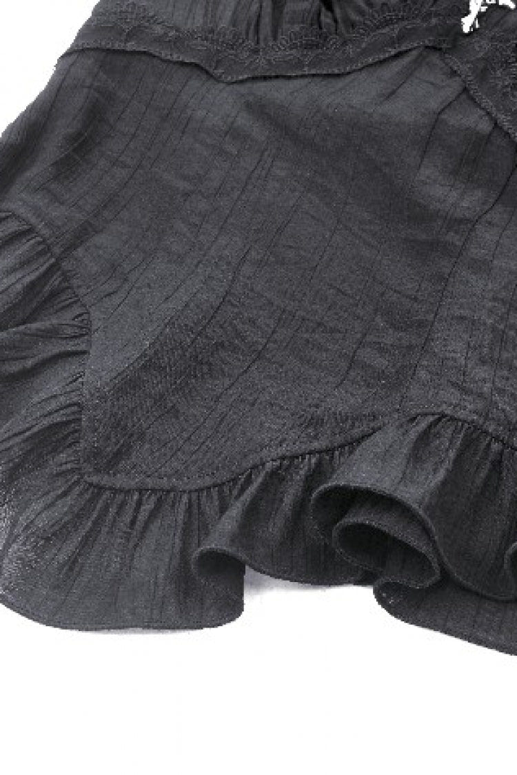 Black Ruffled V Collar Cross Ornament Long Trumpet Sleeves Pleated Women's Gothic Top - Product - 15