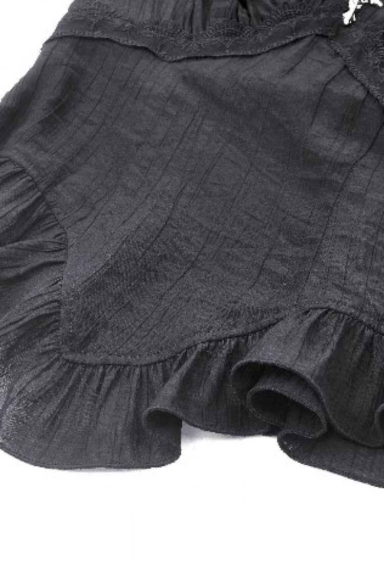 Black Ruffled V Collar Cross Ornament Long Trumpet Sleeves Pleated Women's Gothic Top - Product - 15