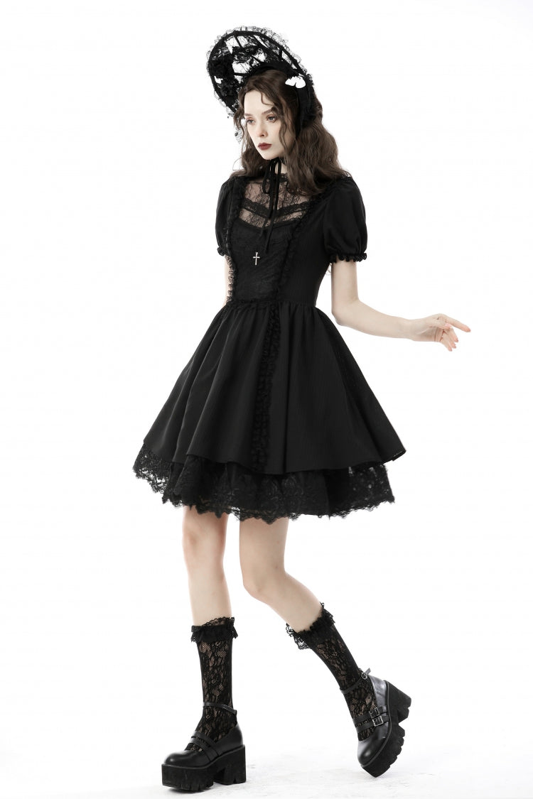 Black Tulle Lace Stand Collar Short Puff Sleeves Women's Lolita Gothic Doll Dress - Product - 8
