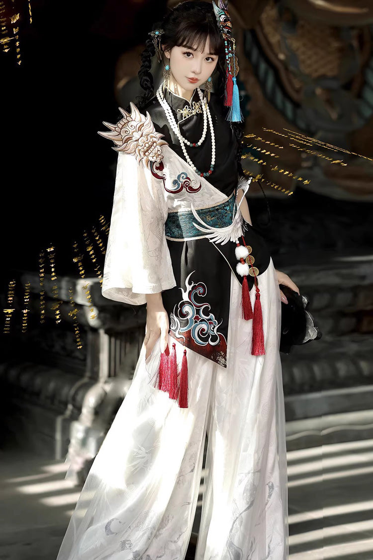 Black/White Stand Collar Single Long Sleeve Printed Embroidered Asymmetric Chinese Style Ouji Set - Product - 8