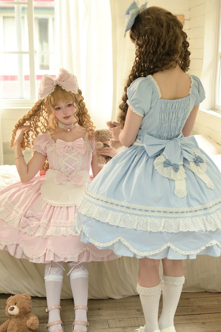 Blue [Petal Bunny] Cotton Square Collar Short Sleeves Double-Layered Ruffled Bow Lace Lace-Up Sweet Lolita Dress - Product - 16