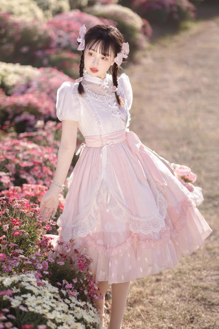 Pink Round Collar Short Sleeves Lace Ruffle Bowknot Sweet Princess Lolita Dress - Product - 9