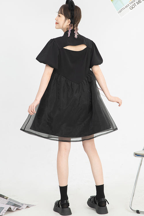 Black Stand Collar Lantern Short Sleeves Floral Print Organza Panel Sweet Lolita Dress - Product - 6