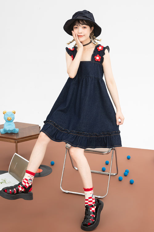 Black Denim Ruffled Strap With Flower Accessories High Waisted Sweet Lolita Strap Dress - Product - 6