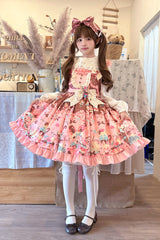 Pink [Bunny Tea Party] Sleeveless Print Ruffle Bowknot Daily Sweet Lolita Jsk Dress - Product - 2