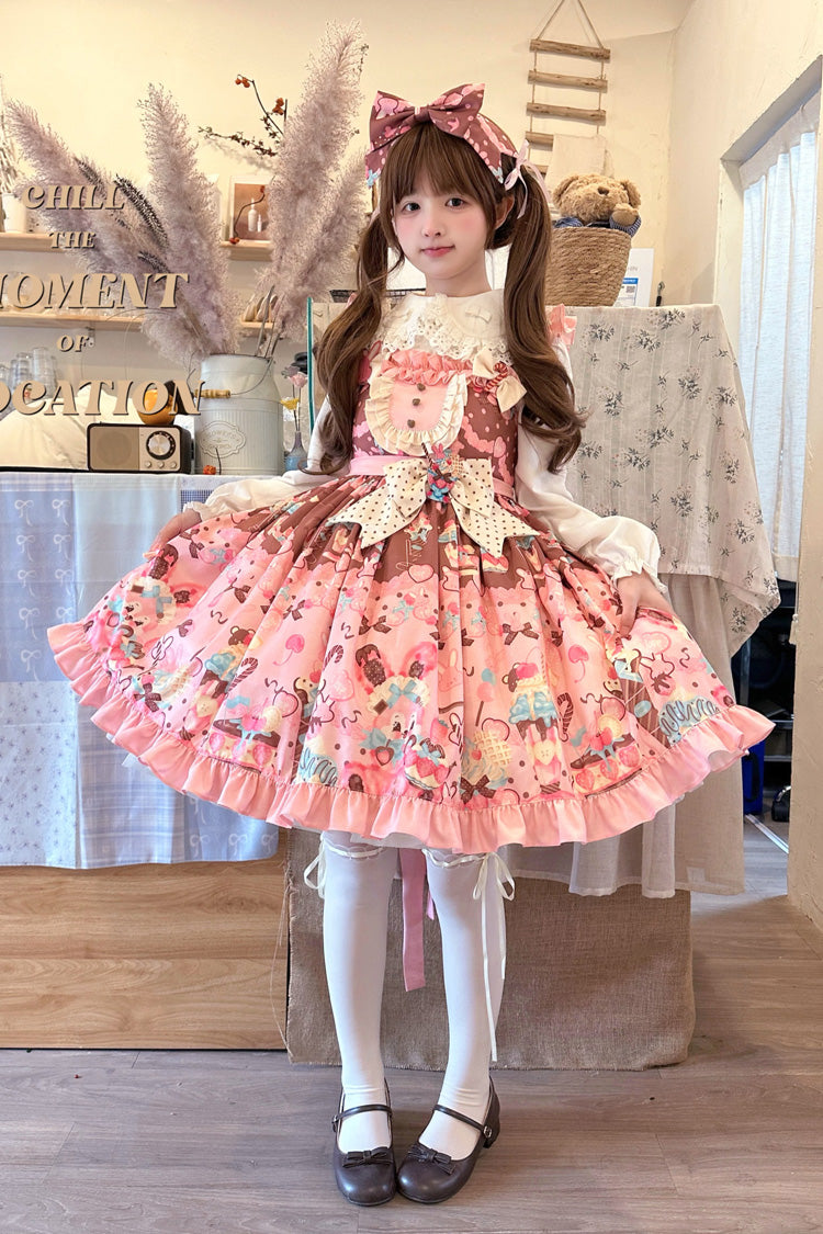Pink [Bunny Tea Party] Sleeveless Print Ruffle Bowknot Daily Sweet Lolita Jsk Dress - Product - 2