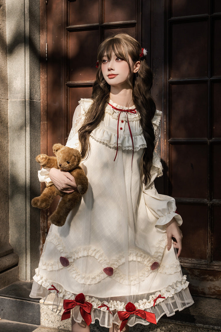 Elfenbein-Erdbeer-Creme-Kuchen-Stehkragen, lange Ärmel, gerüschte Schleife, Spitze, süß (Kleid einzeln), Detailansicht 17
