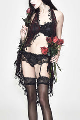 Red Frilly Tassel Hem Halter Lace Women's Gothic T-Shirt - Red - 1