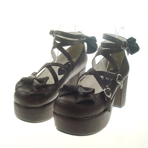 Brown Round Toe Cross Straps Platform Heel High Lolita Shoes - Brown - 1