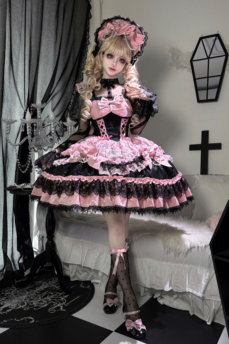Black/Pink [Rose Princess] Sleeveless Ruffle Bowknot Lace Lace-Up Sweet Ballet Lolita Jsk Dress - Product - 9