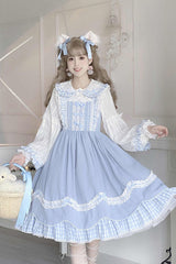 Blue Lapel Collar Bowknot Multi-Layer Ruffled Sweet Lolita JSK Dress - Product - 8
