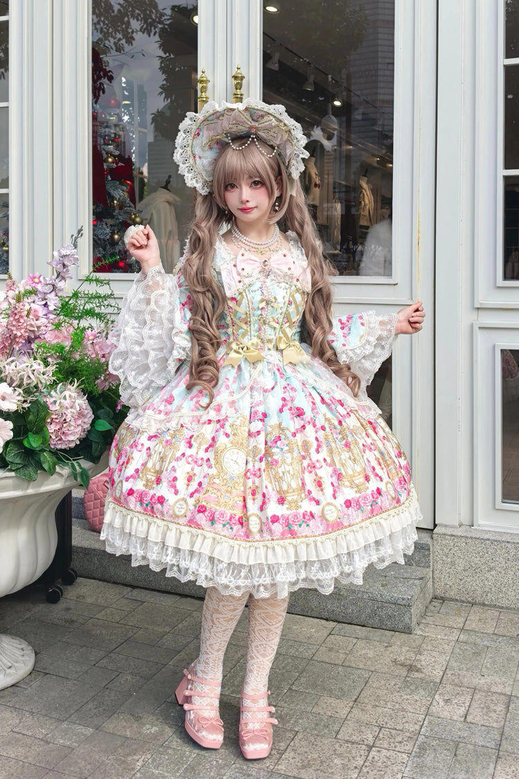 Mint Green/Pink [Rose Garden Prelude] Square Collar Long Trumpet Sleeves Printed Ruffled Bow Lace Lace-Up Sweet Lolita Dress - Product - 4