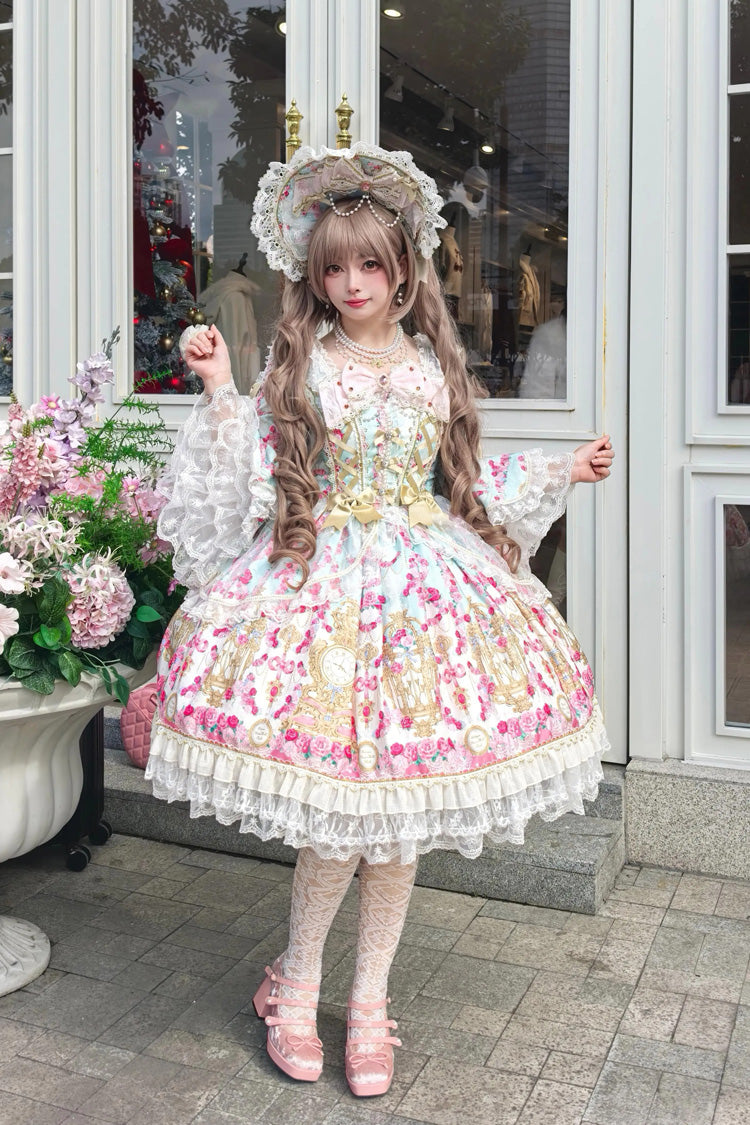 Mint Green/Pink [Rose Garden Prelude] Square Collar Long Trumpet Sleeves Printed Ruffled Bow Lace Lace-Up Sweet Lolita Dress - Product - 4