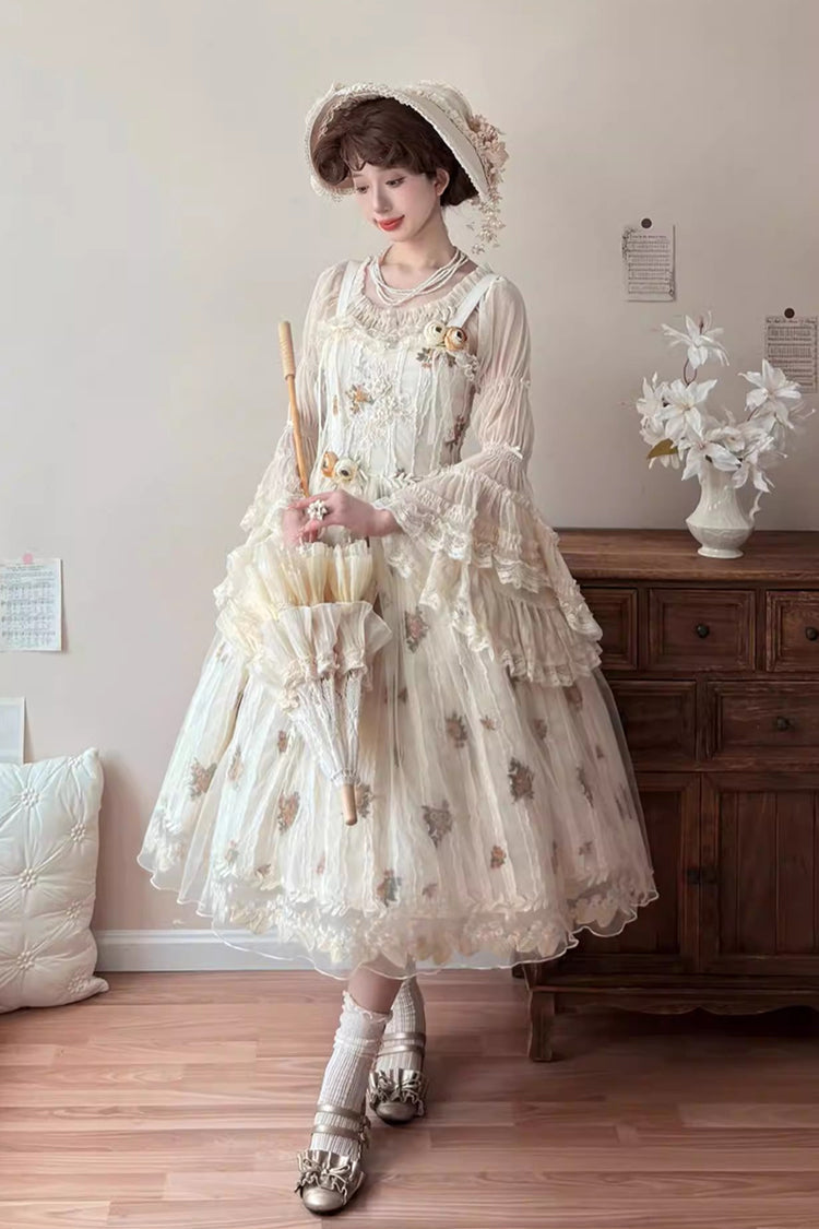 Apricot [Chloris] Printed Embroidered Lace Sweet Lolita Jsk Dress - Apricot - 1