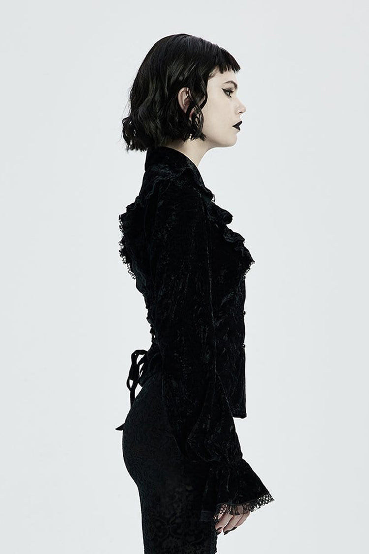 Black Gothic Velvet High Collar Front Chest Flounce Lace Cuff Back Waist Lace Up Print Women's Blouse - Product - 2