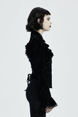 Black Gothic Velvet High Collar Front Chest Flounce Lace Cuff Back Waist Lace Up Print Women's Blouse - Product - 2