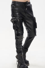 Black Punk Leather Metal Rivets Zipper Stereoscopic Side Pockets Men's Pants - Product - 4