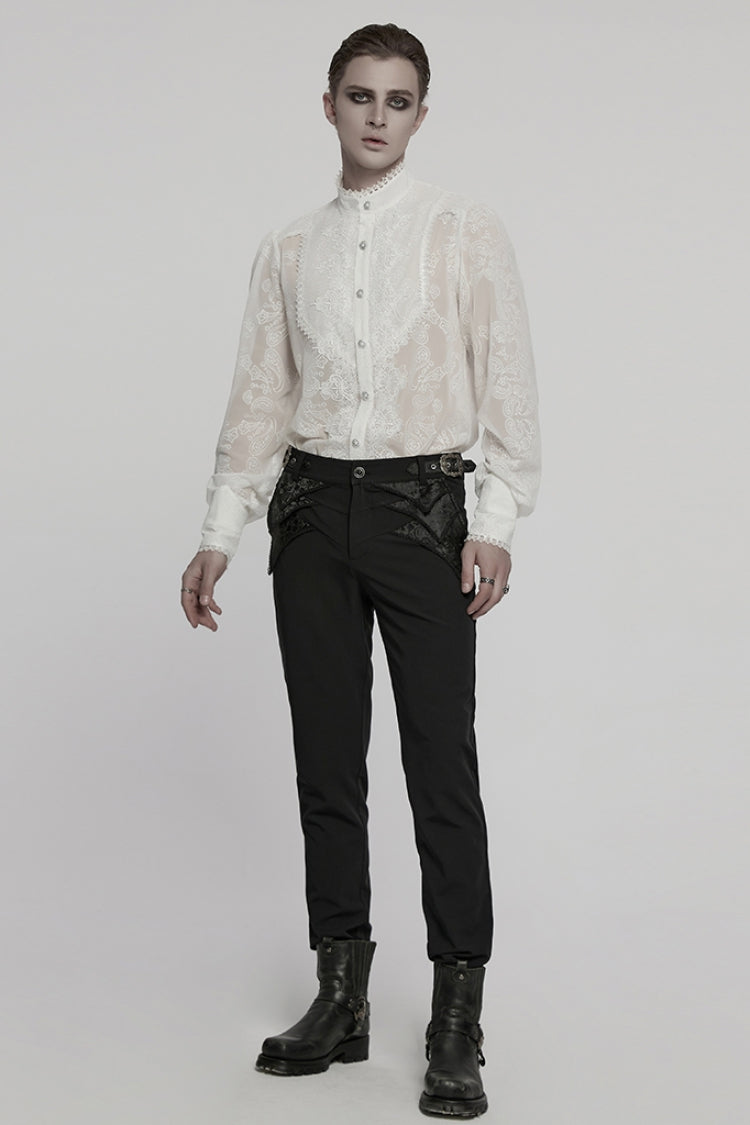 White Stand Collar Chiffon Long Sleeves Hollow Embroidery Men's Gothic Blouse - Product - 4